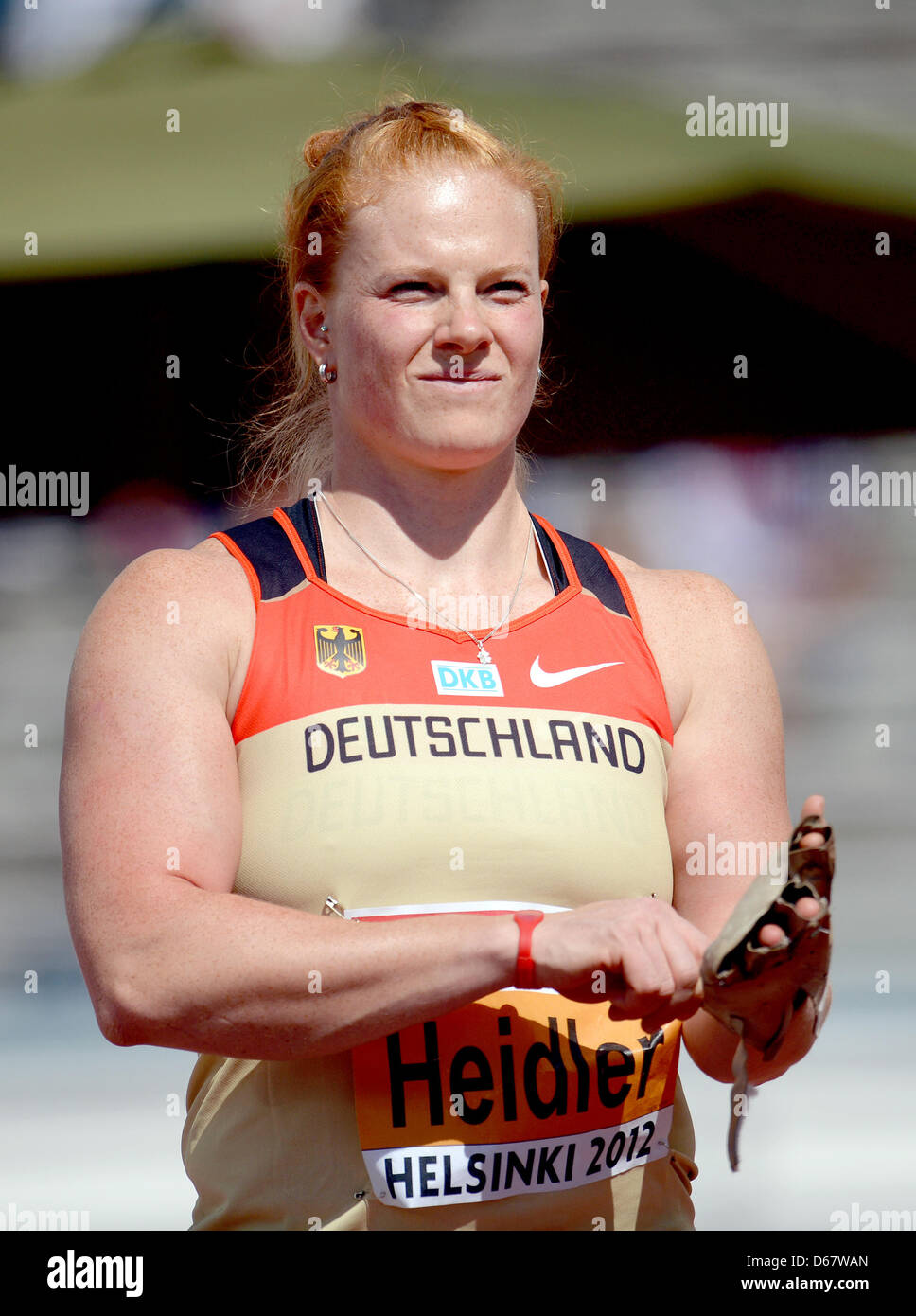 Betty Heidler of Germany reacts in the women's Hammer Throw
