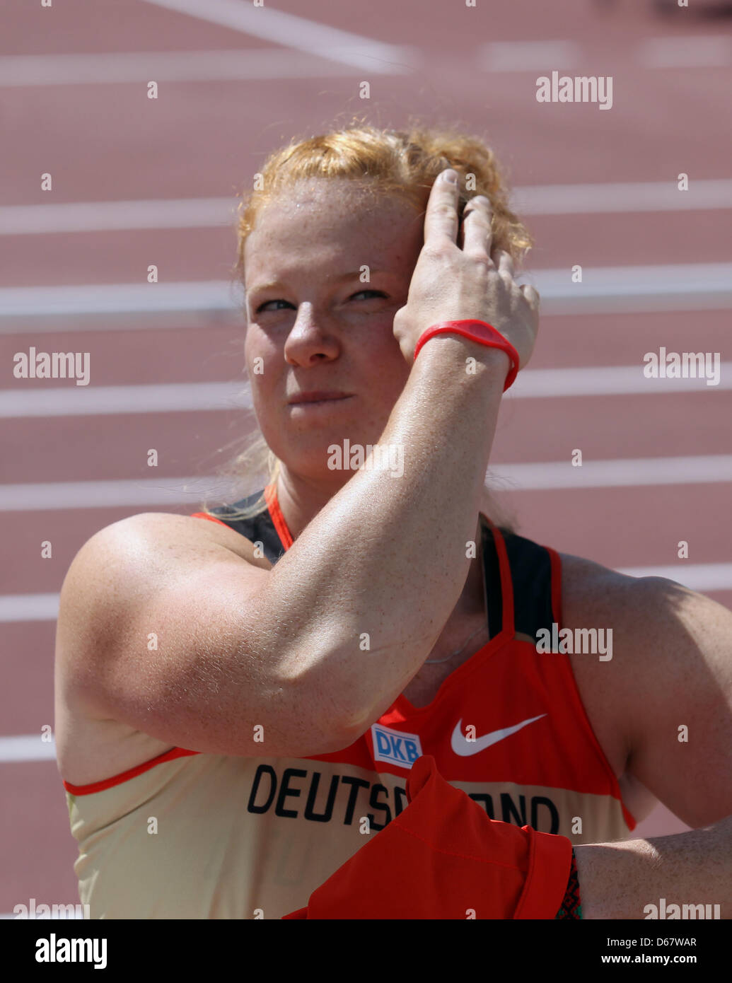 Betty Heidler of Germany reacts in the women's Hammer Throw