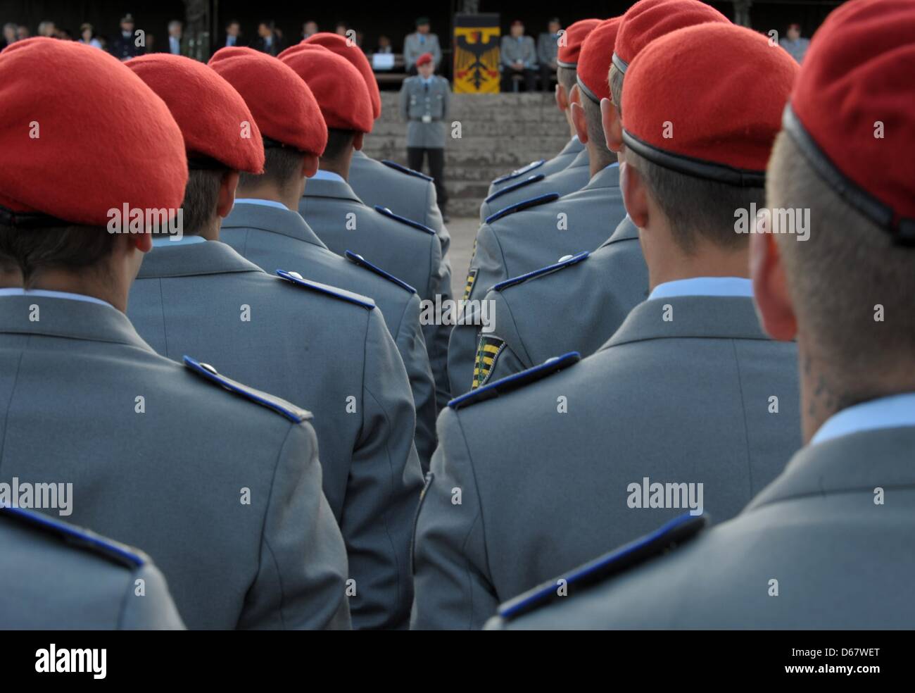 An archive photo dated 5 May 2011 shows soldiers of the German Federal Armed Force waiting to take their ceremonial vow at Kyffhaeuser Monument near Steinthaleben, Germany. On 29 June 2012, an officer promotion ceremony will be held for the first time at the Hofgarten (Court Garden) in Munich, Germany. Almost 600 officer candidates, among them 82 women and 20 officer candidates of  Stock Photo