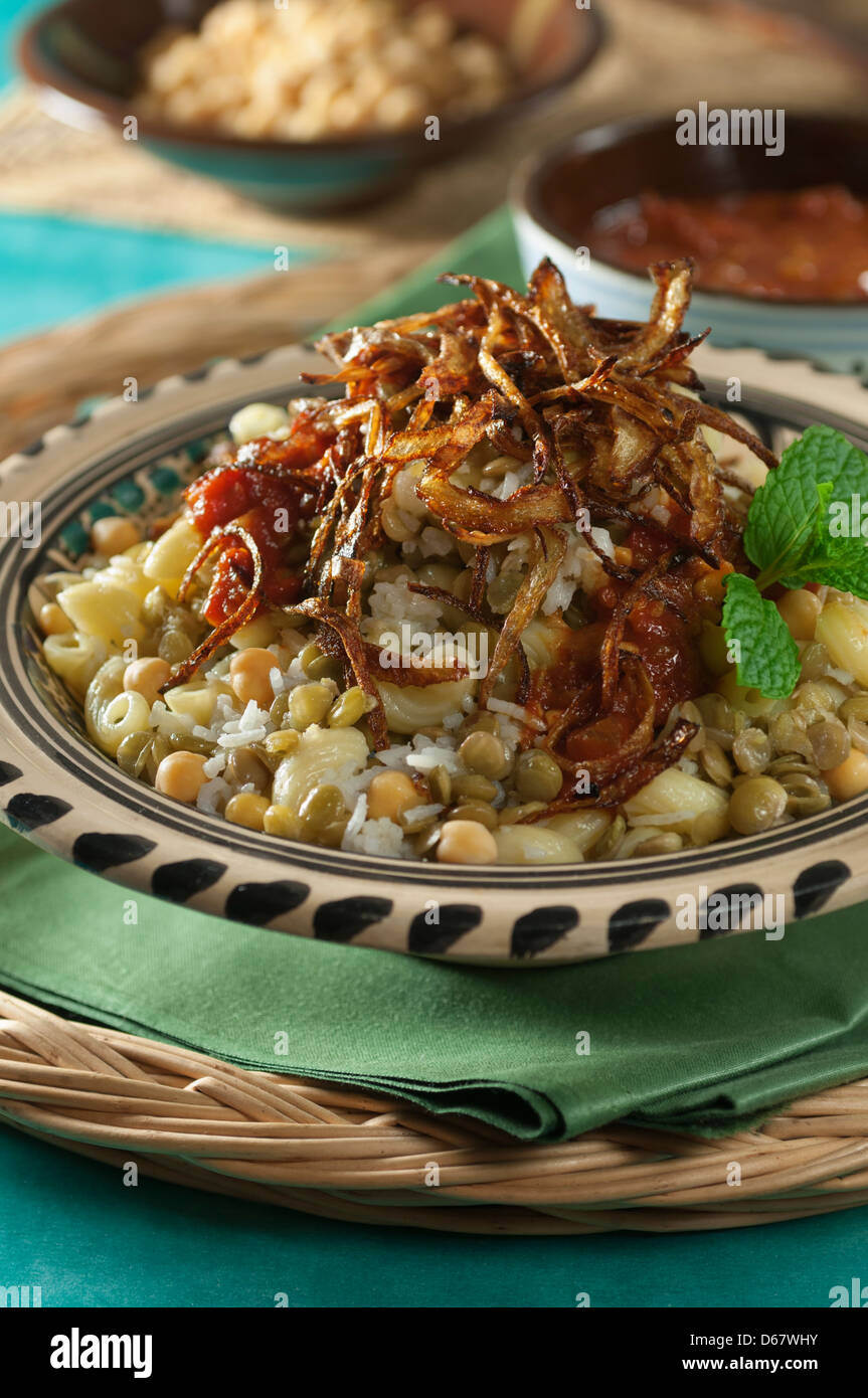 Kushari Pasta rice and lentil dish Egypt Food Stock Photo