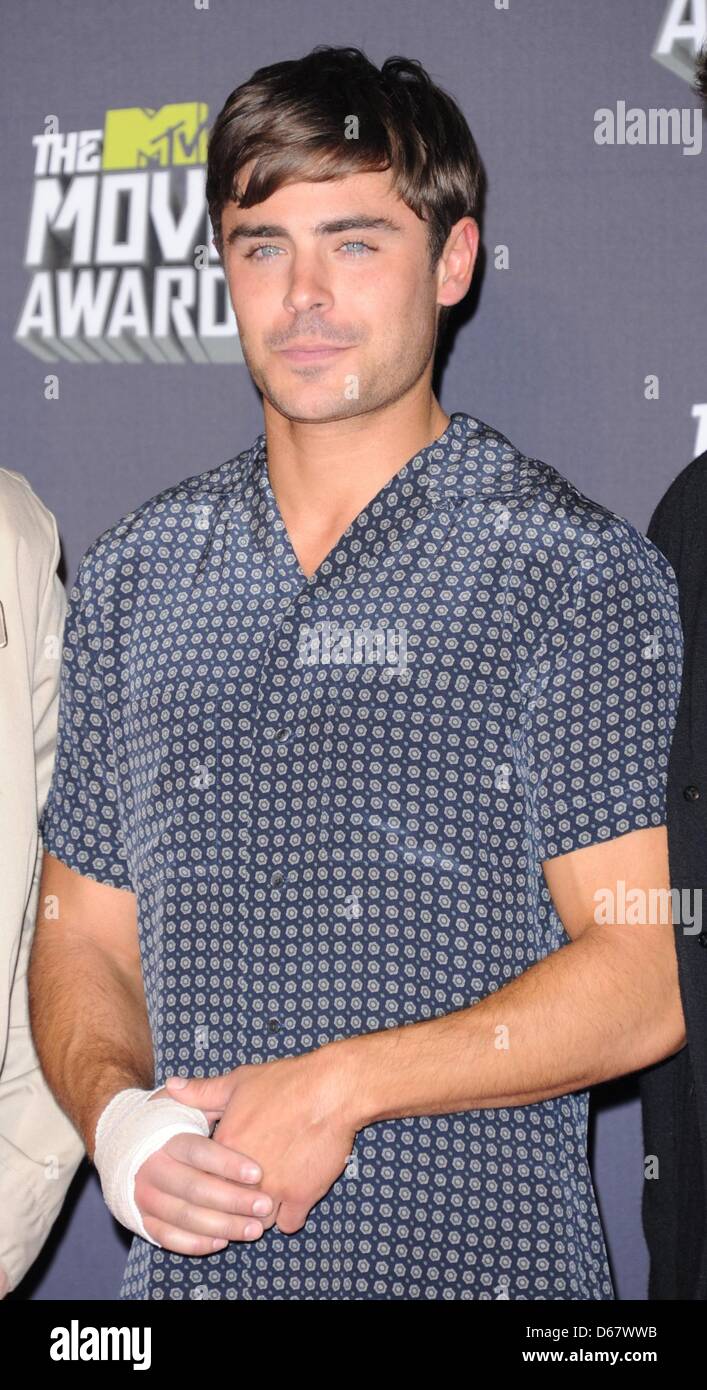 US actor Zac Efron poses at the 2013 MTV Movie Awards Photo Pressroom at  Sony Pictures Studios in Culver City, Los Angeles, USA, on 14 April 2013.  Photo: Hubert Boesl Stock Photo - Alamy, image size:707x1390
