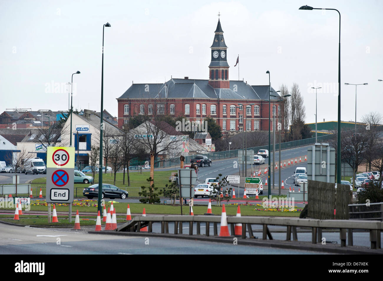 The road (A180) leading into Grimsby, Lincolnshire, UK, showing the