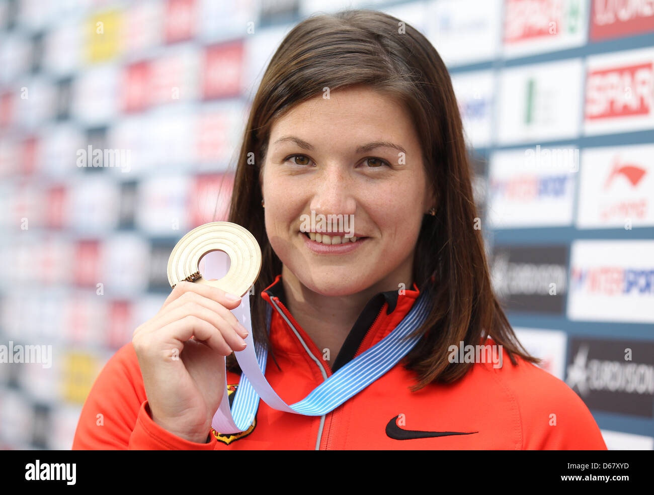 Linda Stahl of Germany poses with her bronze medal for the Javelin during the European Athletics