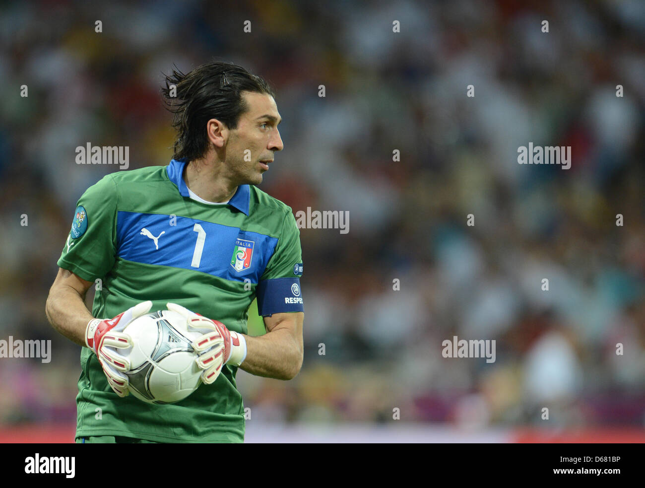 Italy's goalkeeper Gianluigi Buffon during the UEFA EURO 2012 final soccer match Spain vs. Italy at the Olympic Stadium in Kiev, Ukraine, 01 July 2012. Photo: Andreas Gebert dpa (Please refer to chapters 7 and 8 of http://dpaq.de/Ziovh for UEFA Euro 2012 Terms & Conditions) Stock Photo