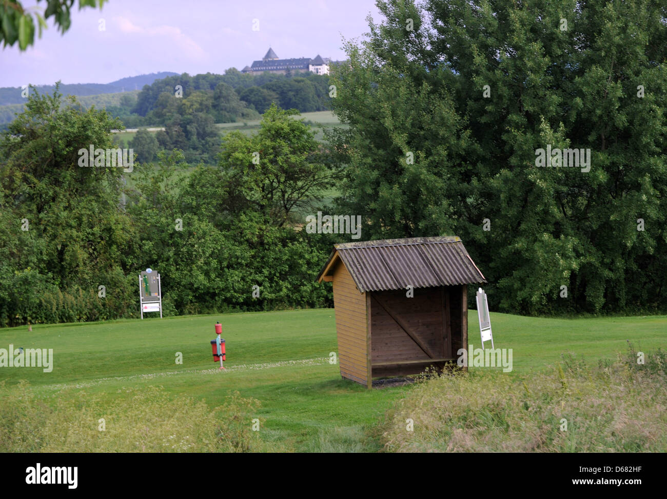 View to the wooden cabin on the golf course in Waldeck, Germany, 29 June  2012. Four women had sought shelter in the wooden cabin when being struck  by lightning. Three women are