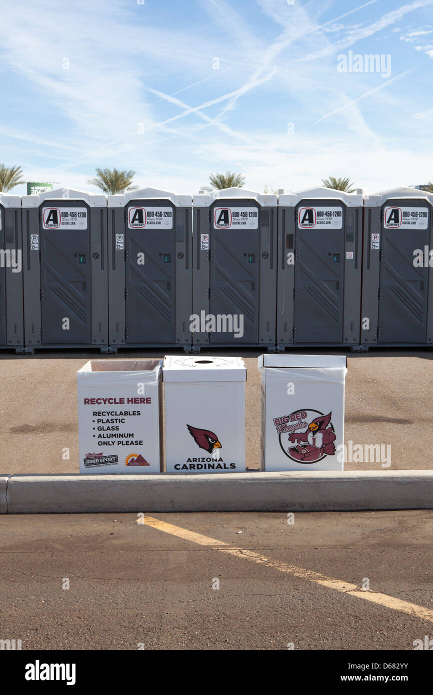 Toilets and bins at a tailgate party before a Arizona Cardinals NFL football match at  University of Phoenix Stadium, Glendale. Stock Photo