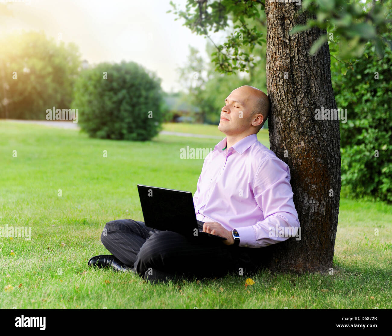 Businessman with laptop sitting near a tree Stock Photo