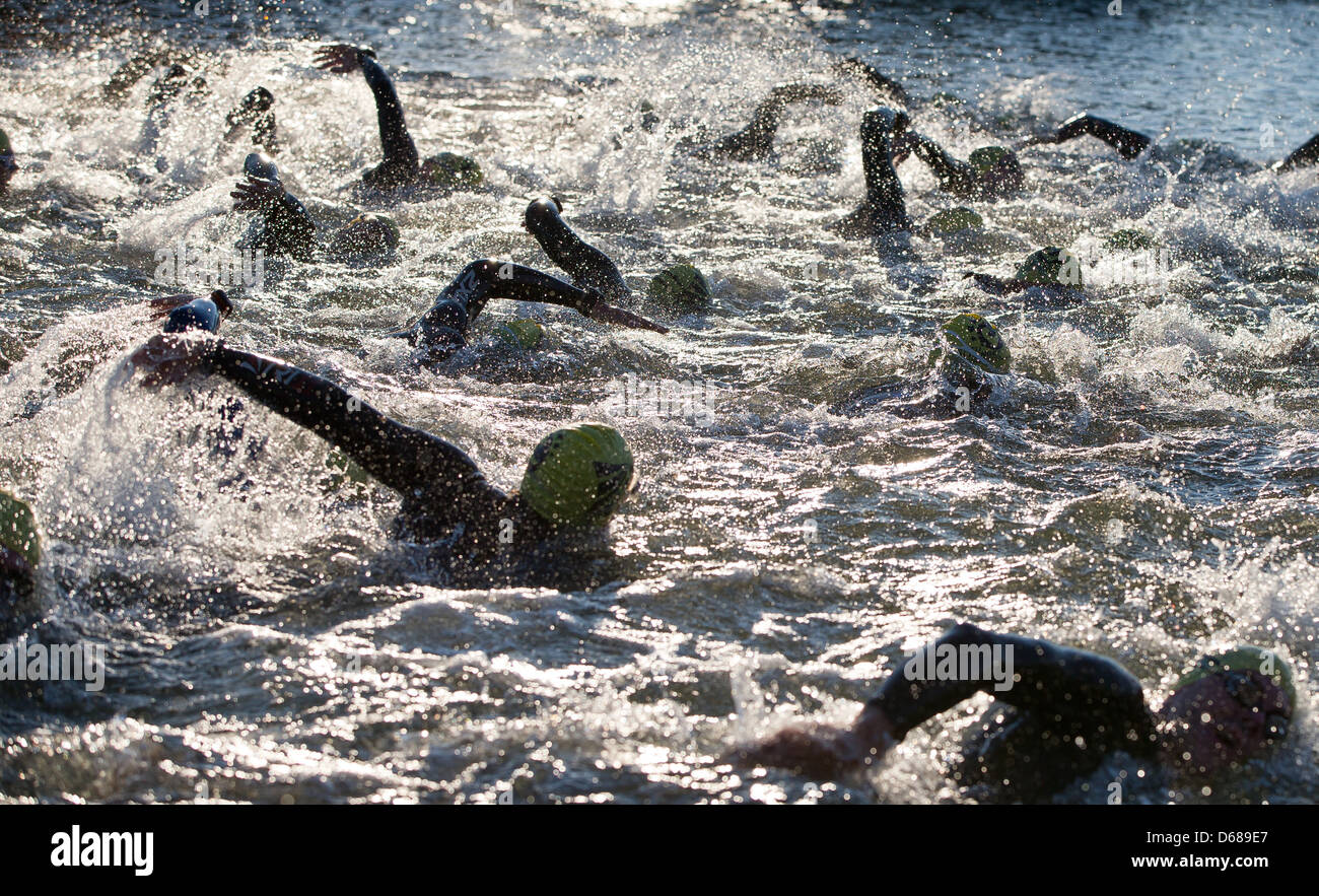 Challenge Roth Swim Triathletes start swimming during the Triathlon Challenge Roth in ...