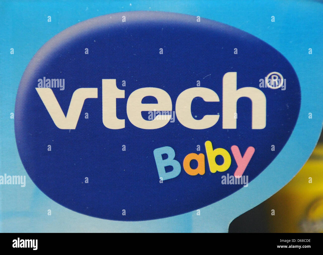 The logo of the Chinese computer company VTech, manufacturer of learning  computers for children sits on