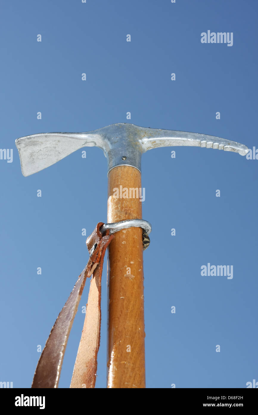 ice axe for ice climbing with sturdy wood handle Stock Photo