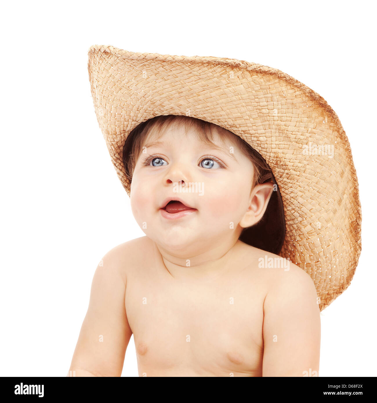 Closeup portrait of sweet little boy wearing stetson isolated on white background, fun and happiness concept Stock Photo