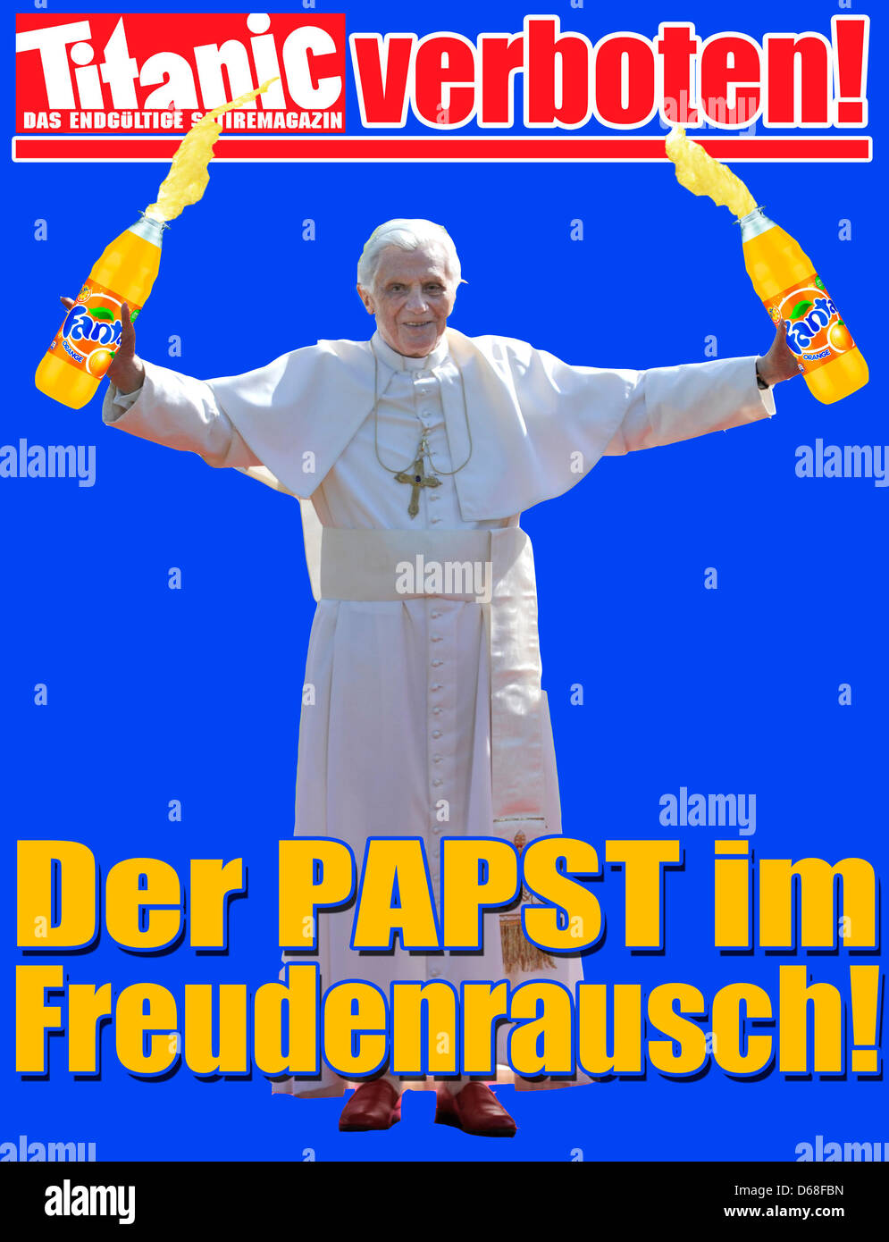 HANDOUT - A handout file dated 11 July 2012 shows the cover picture of the home page of German satirical magazine Titanic depicting Pope Benedict XVI with two giant bottles of an orange flavoured soft drink, Frankfurt Main, Germany. The district court in Hamburg banned the front and last page of the print version of the magazine, after the Catholic church adressed a claim against a Stock Photo