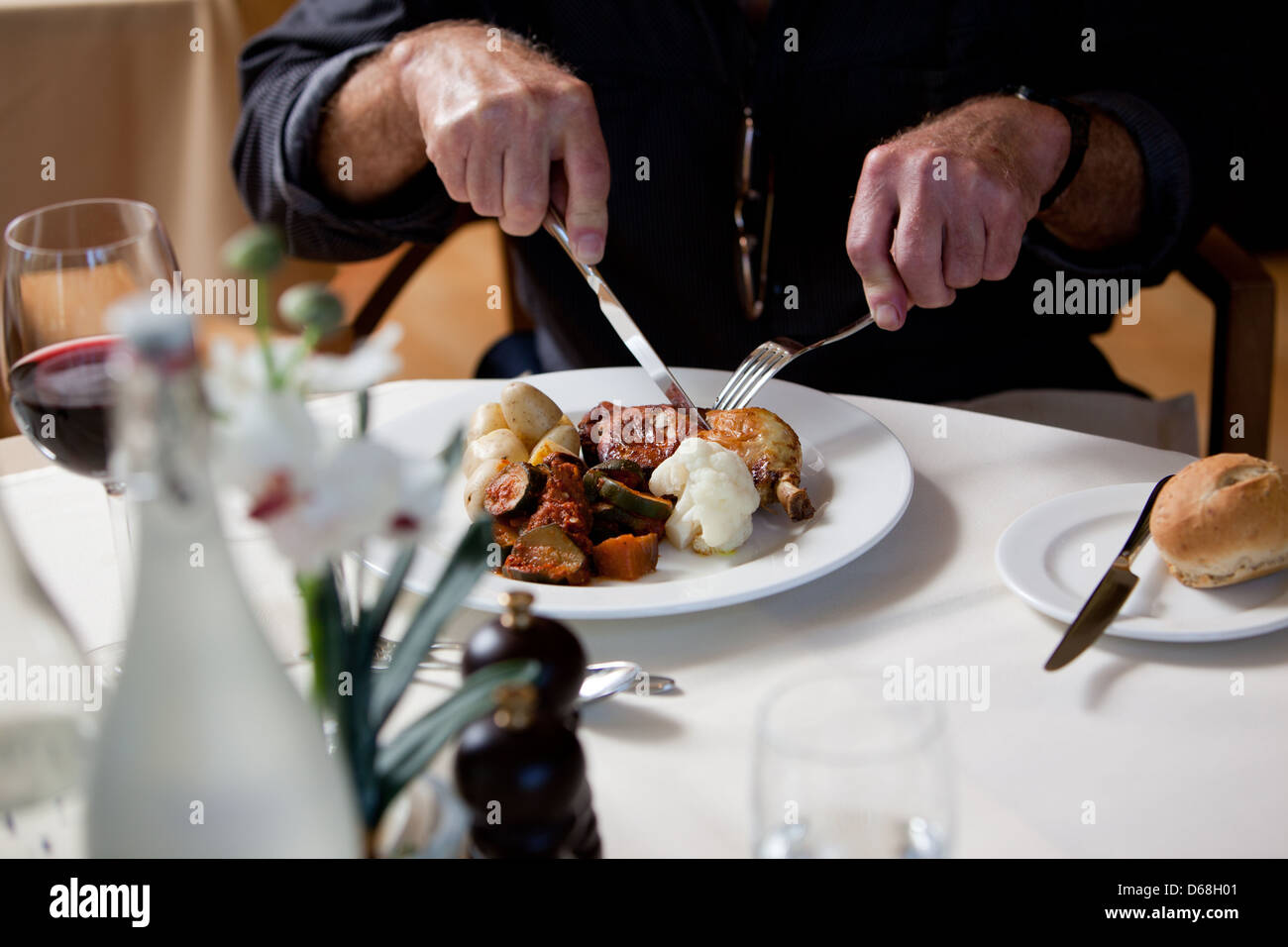 Detail of plate with food. Chicken and vegetables. Stock Photo