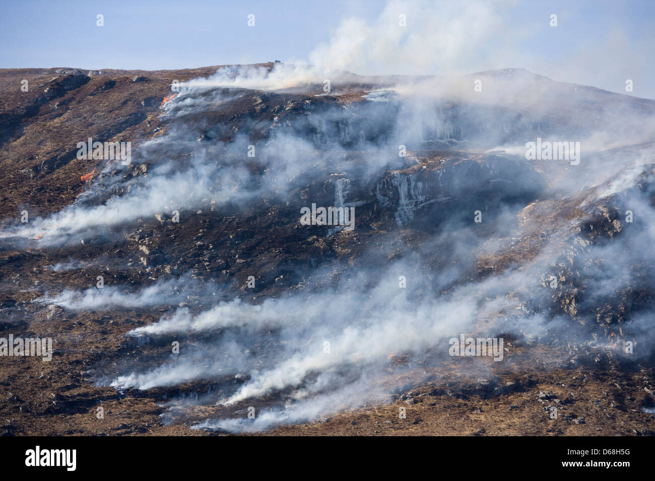 Heather burning in the highlands of Scotland. Stock Photo
