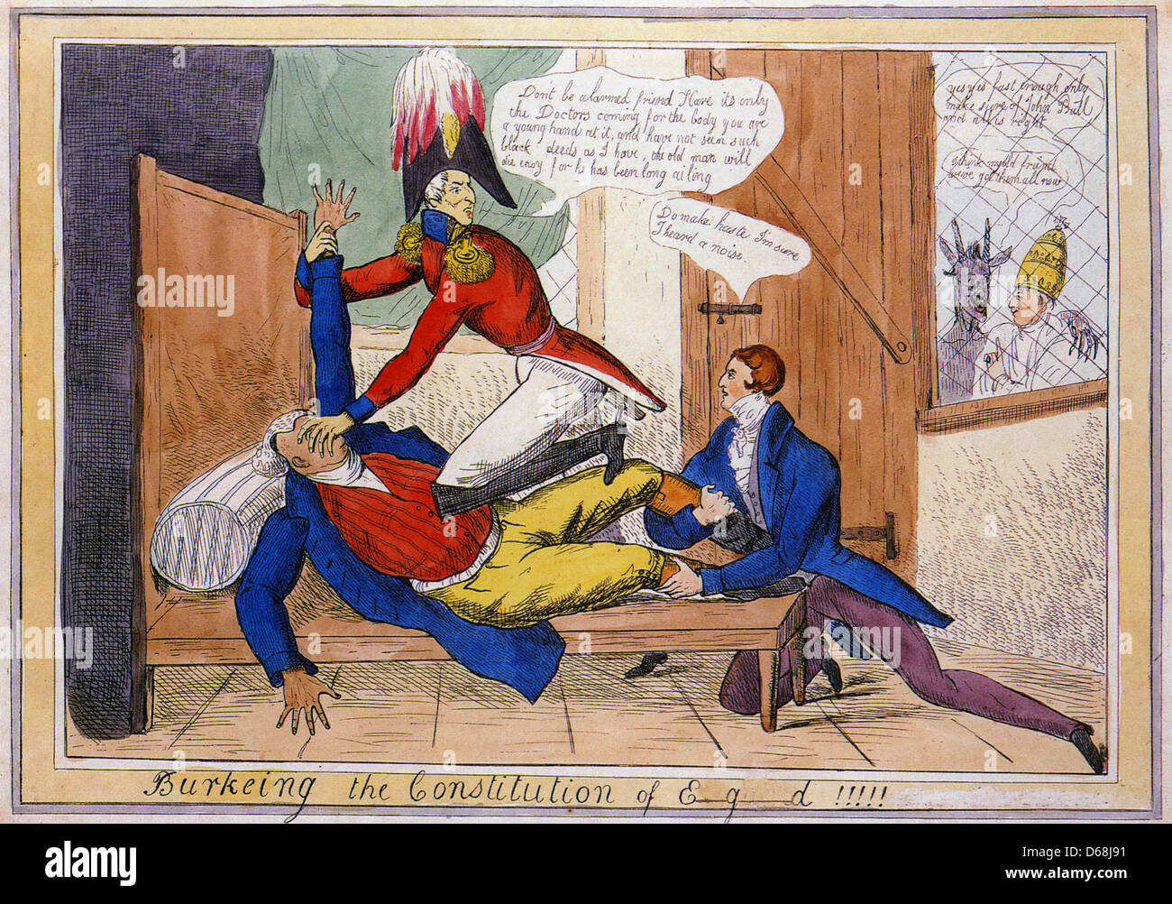 CATHOLIC EMANCIPATION Duke of  Wellington and Robert Peel murder John Bull watched with approval by Satan and  Pope - see below Stock Photo