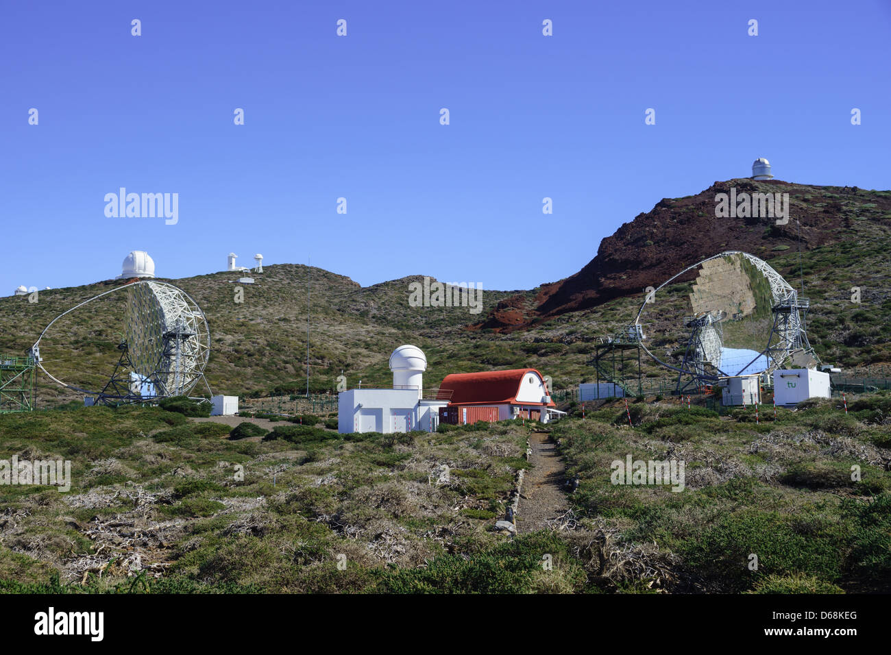 Observatories at Los Muchachos. The MAGIC gamma radiation telescope array. Major Atmospheric Gamma Ray Imaging Cherenkov. Stock Photo