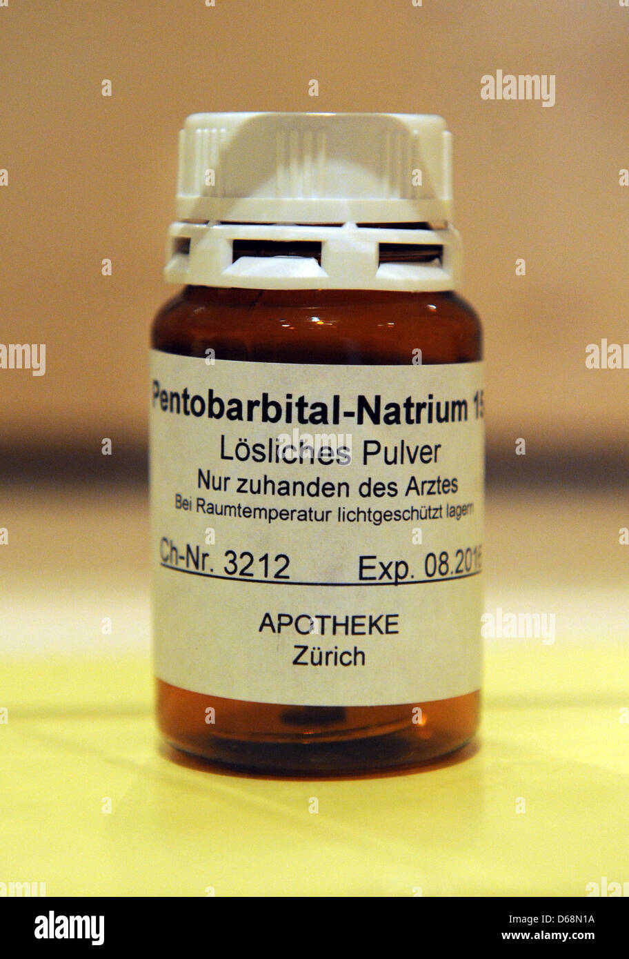 An empty bottle of pentobarbital-sodium is on display at the Augustiner Museum in Freiburg, Germany, 02 July 2012. The lethal chemical is used by doctors of the Swiss assisted dying organisation 'Dignitas' for assisted suicides. The decision on assited dying in Germany will for the time being not be made in Strasbourg. The European Court of Human Rights (EGMR) limited its verdict o Stock Photo