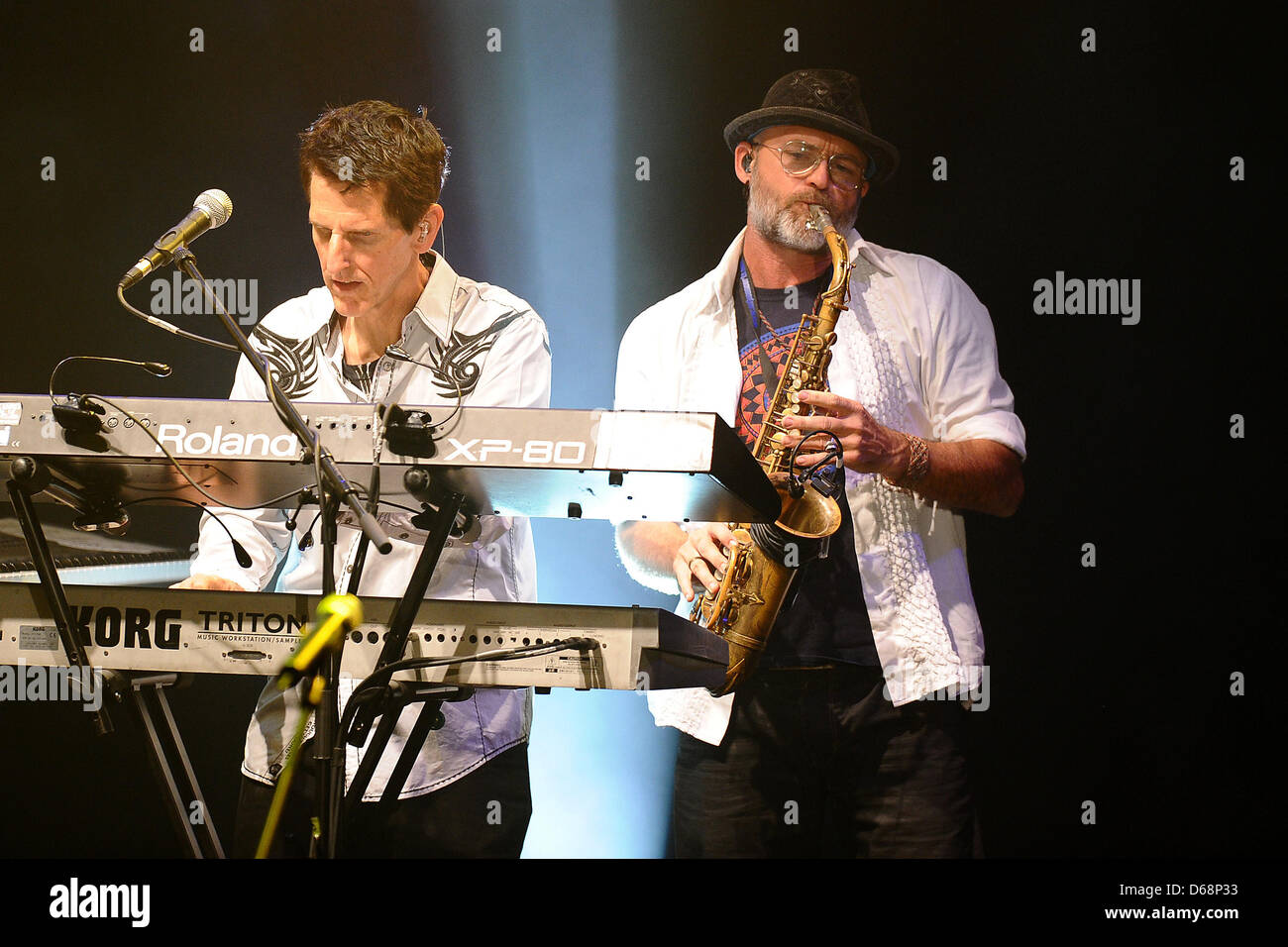 Tom Brooks (L) and Todd Cooper perform on stage during The Alan Parsons Live Project tour 2012 at Circus Krone in Munich, Germany, 19 July 2012. Photo: Revierfoto Stock Photo