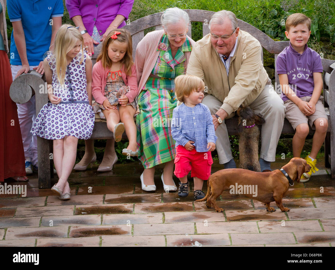 (L-R) Countess Ingrid, Princess Isabella, Queen Margrethe, Prince Henrik with Prince Vincent, and Prince Christian pose for the media at the annual photo session at Grasten Palace in Grasten, Denmark, 20 July 2012. Princess Jospehine stayed in the palace because she is sick. Photo: Patrick van Katwijk NETHERLANDS OUT Stock Photo