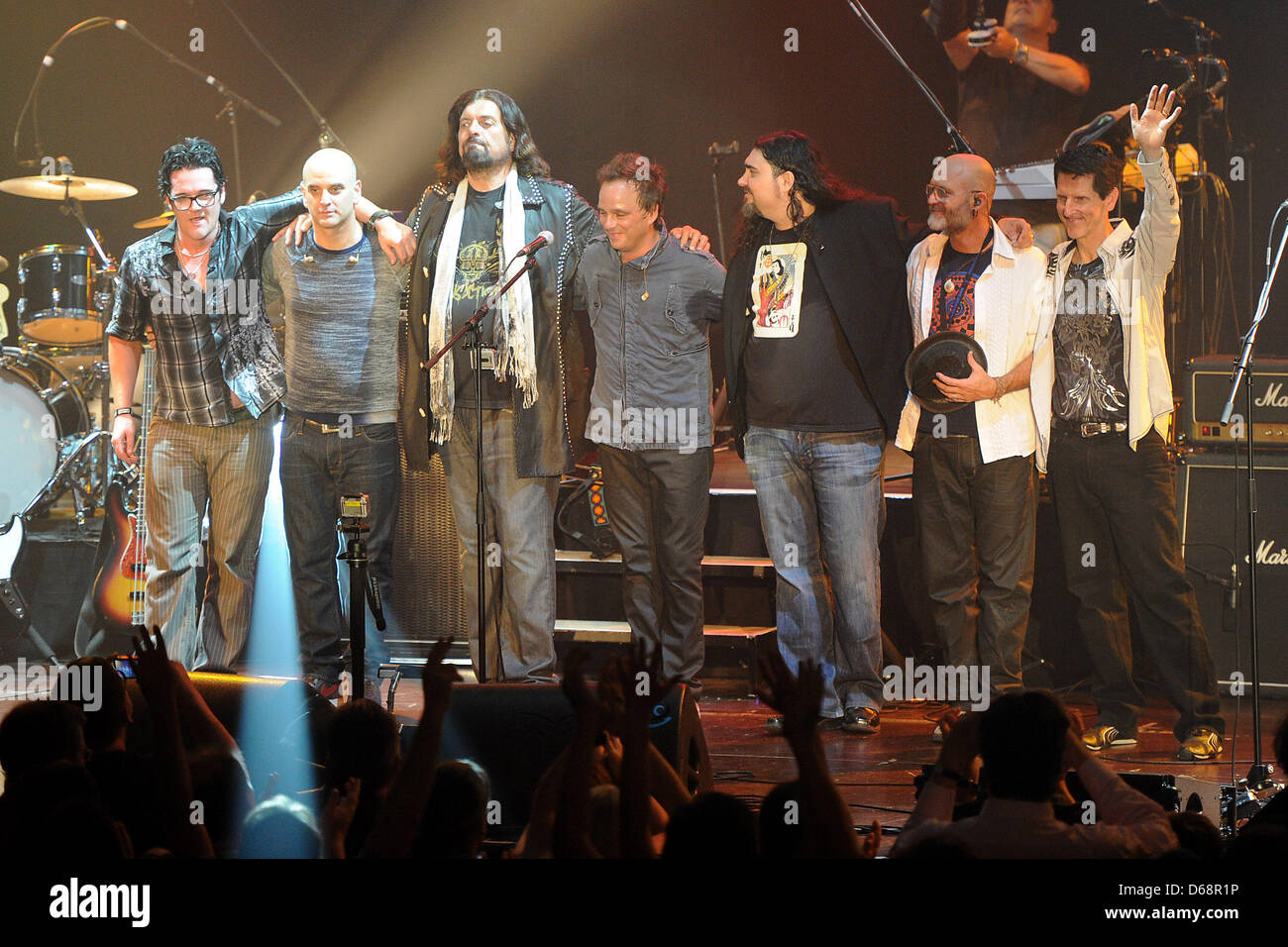 Danny Thompson, Guy Erez, Alan Parsons, Paul Josef Olsson, Alastair Greene, Todd Cooper and Tom Brooks from The Alan Parsons Live Project - Tour 2012 stand after their performance in Circus Krone in Munich, Germany, 19 July 2012. Photo: Revierfoto Stock Photo