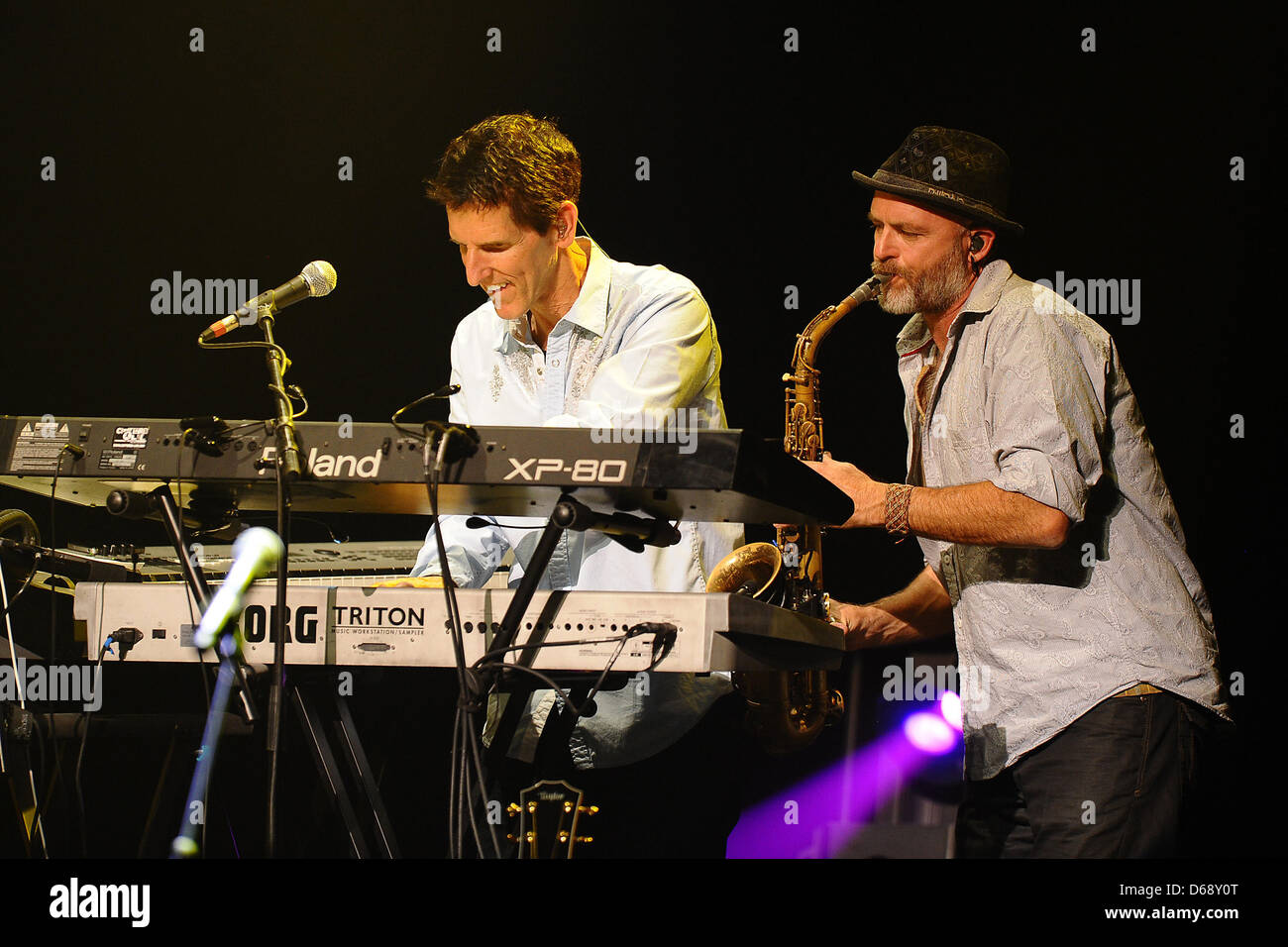 Keyboarder Tom Brooks (L) and saxophon player Todd Cooper perform during a The Alan Parsons Live Project concert at Colosseum Theater in Essen, Germany, 20 July 2012. Photo: Revierfoto Stock Photo