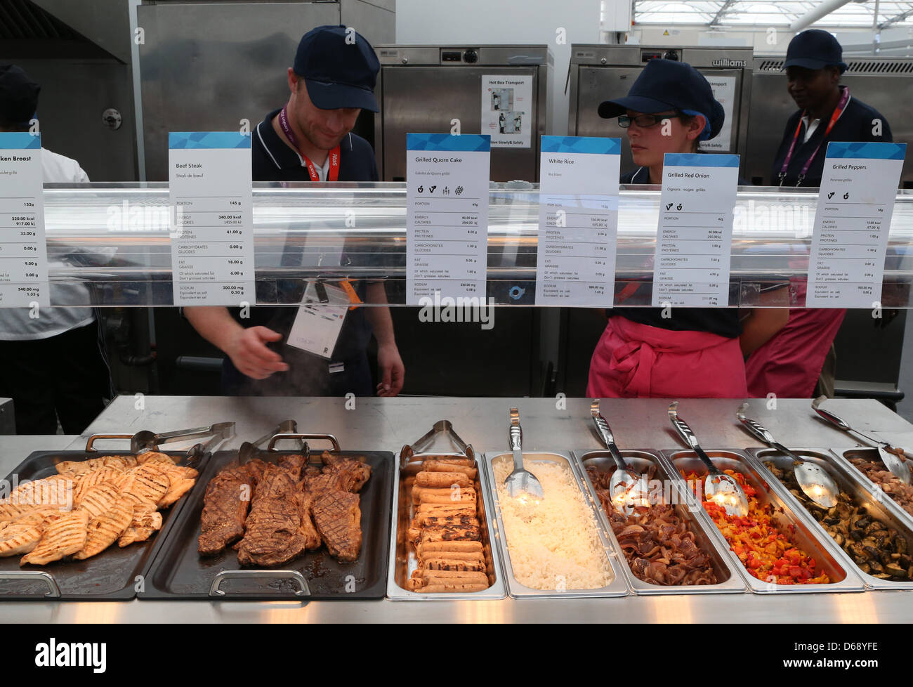British dishes are displayed in the Restaurant of the Olympic village in London, Great Britain, 24 July 2012. The London 2012 Olympic Games will start on 27 July 2012. Photo: Michael Kappeler dpa  +++(c) dpa - Bildfunk+++ Stock Photo