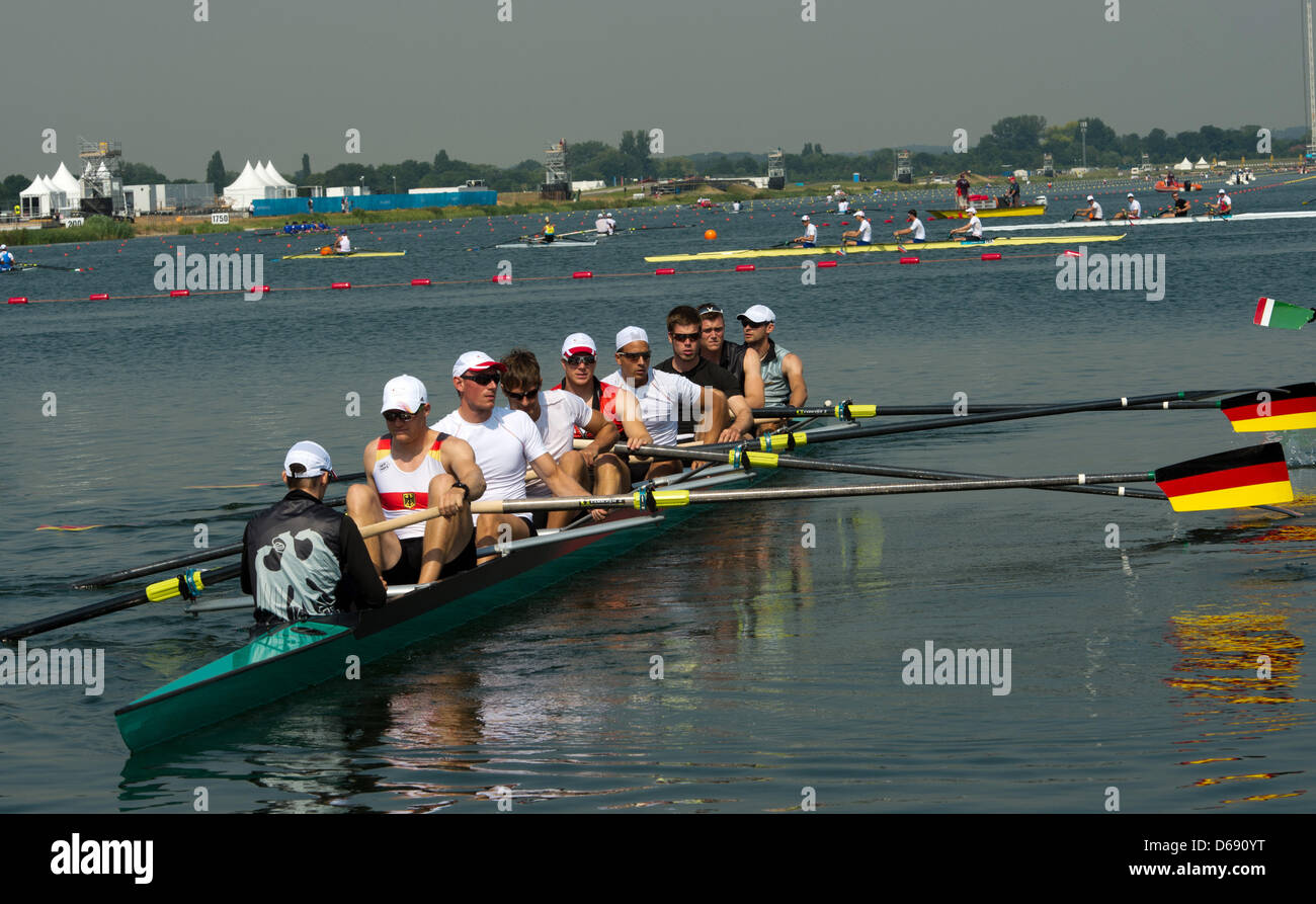 The German Mens Eight train at the Eton Dorney Rowing Centre, Great Britain 26 July 2012. The London 2012 Olympic Games will start on 27 July 2012. Photo: Peter Kneffel dpa  +++(c) dpa - Bildfunk+++ Stock Photo