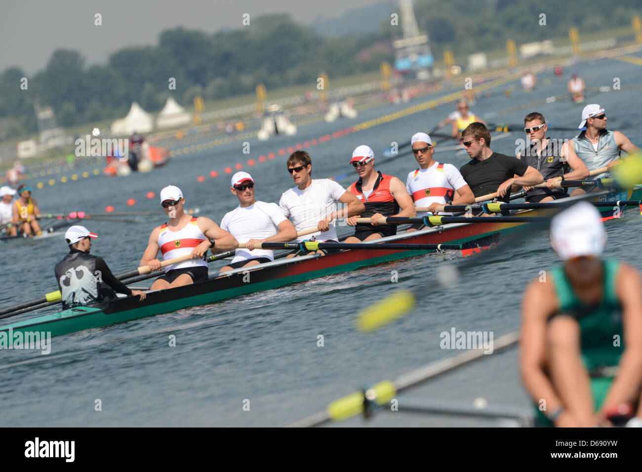 German Mens Eight train at the Eton Dorney Rowing Centre, Great Britain 26 July 2012. The London 2012 Olympic Games will start on 27 July 2012. Photo: Peter Kneffel dpa  +++(c) dpa - Bildfunk+++ Stock Photo