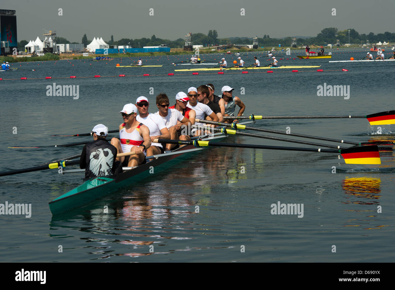 German Mens Eight train at the Eton Dorney Rowing Centre, Great Britain 26 July 2012. The London 2012 Olympic Games will start on 27 July 2012. Photo: Peter Kneffel dpa Stock Photo