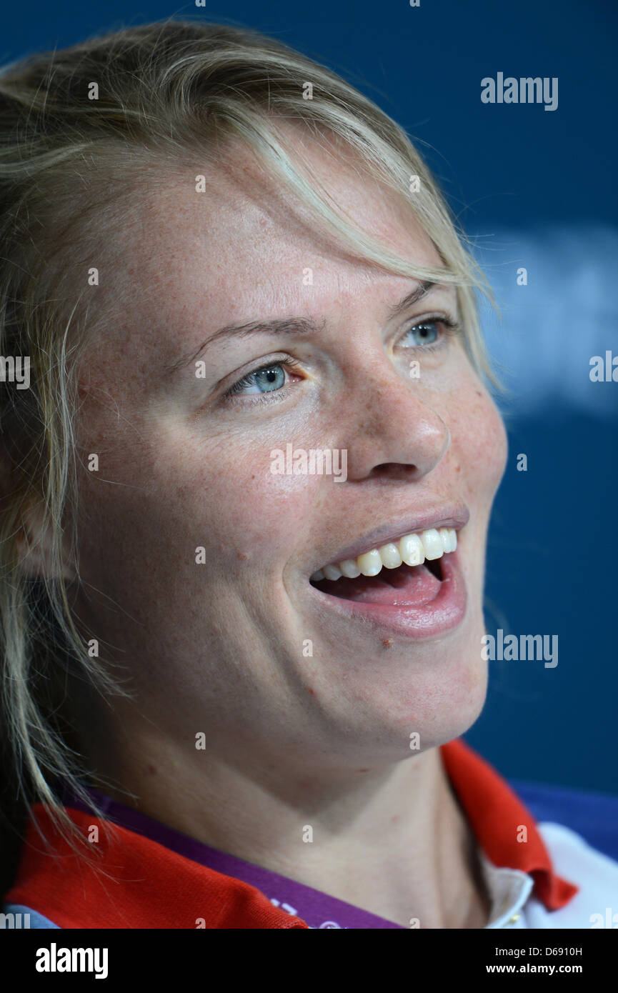 British rower Anna Watkins smiles during a press conference in London ...