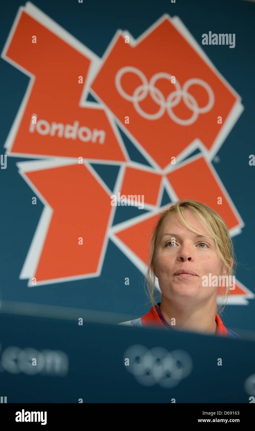 British rower Anna Watkins smiles during a press conference in London ...