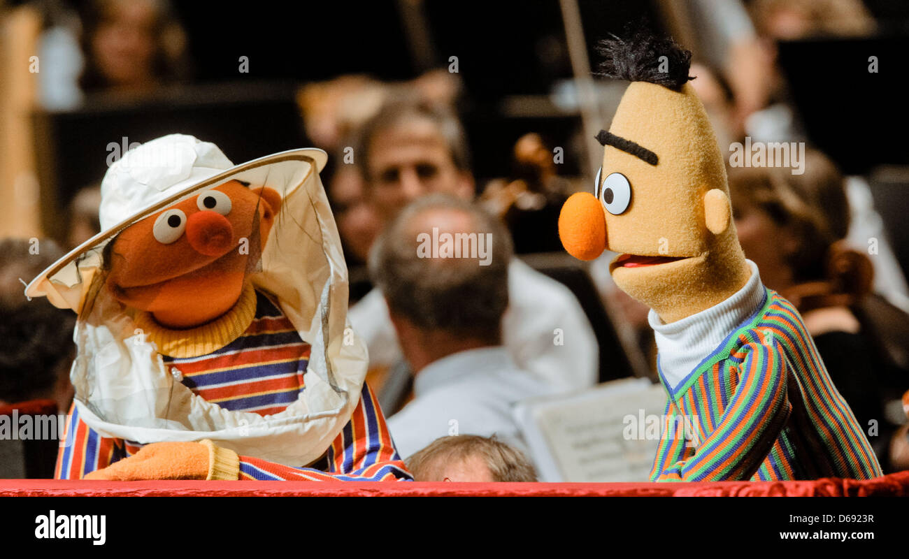 The Sesame Street characters Ernie (L) and Bert take part in a concert at the Schleswig-Holstein Music Festival in Kiel, Germany, 26 July 2012. During the concert of the NDR Radio philharmonic orchestra conducted by Rasmus Baumann, the characters Ernie, Bert and Samson heard and commented Rimsky-Korsakov's 'Flight of the Bumblebee', Mancini's 'Pink Panther' and other pieces. Photo: Stock Photo