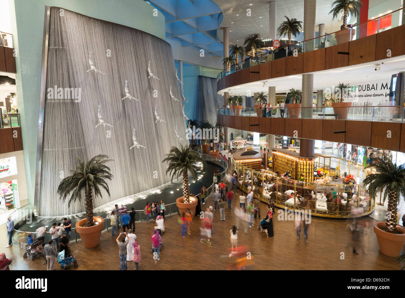 View of interior of Dubai Mall with waterfall feature in United Arab Emirates Stock Photo