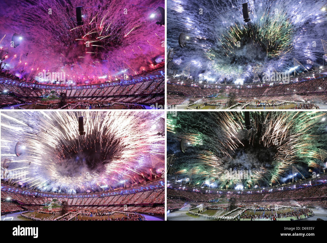 A photo combo shows Fireworks explode over the Olympic Stadium during