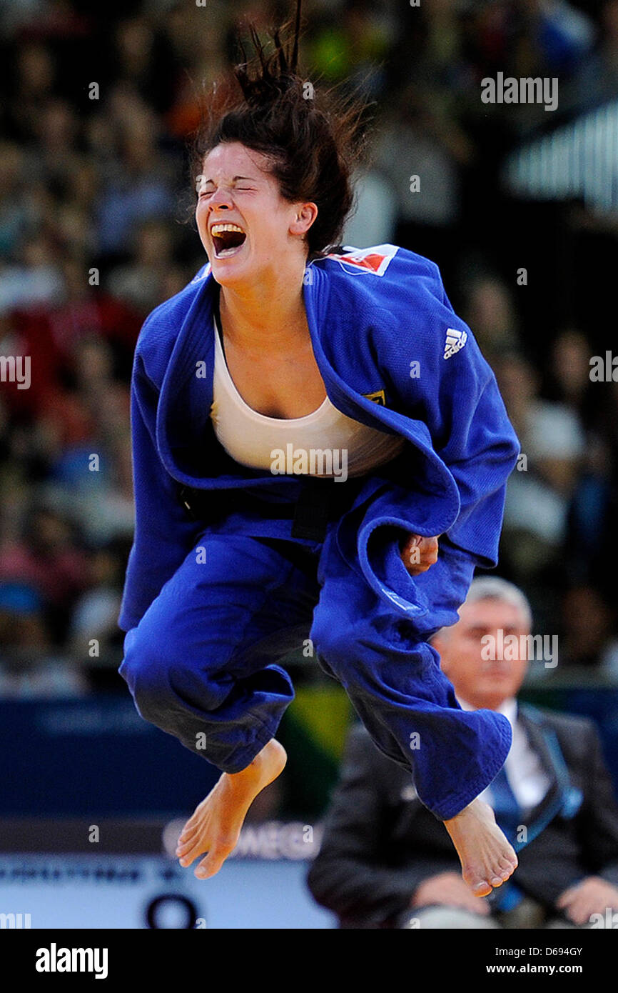 Germany's Romy Tarangul reacts during the competition with Russia's  Kuziutina during the women's -52 kgs contest match of the judo event in  ExCeL at the London 2012 Olympic Games, London, Great Britain,
