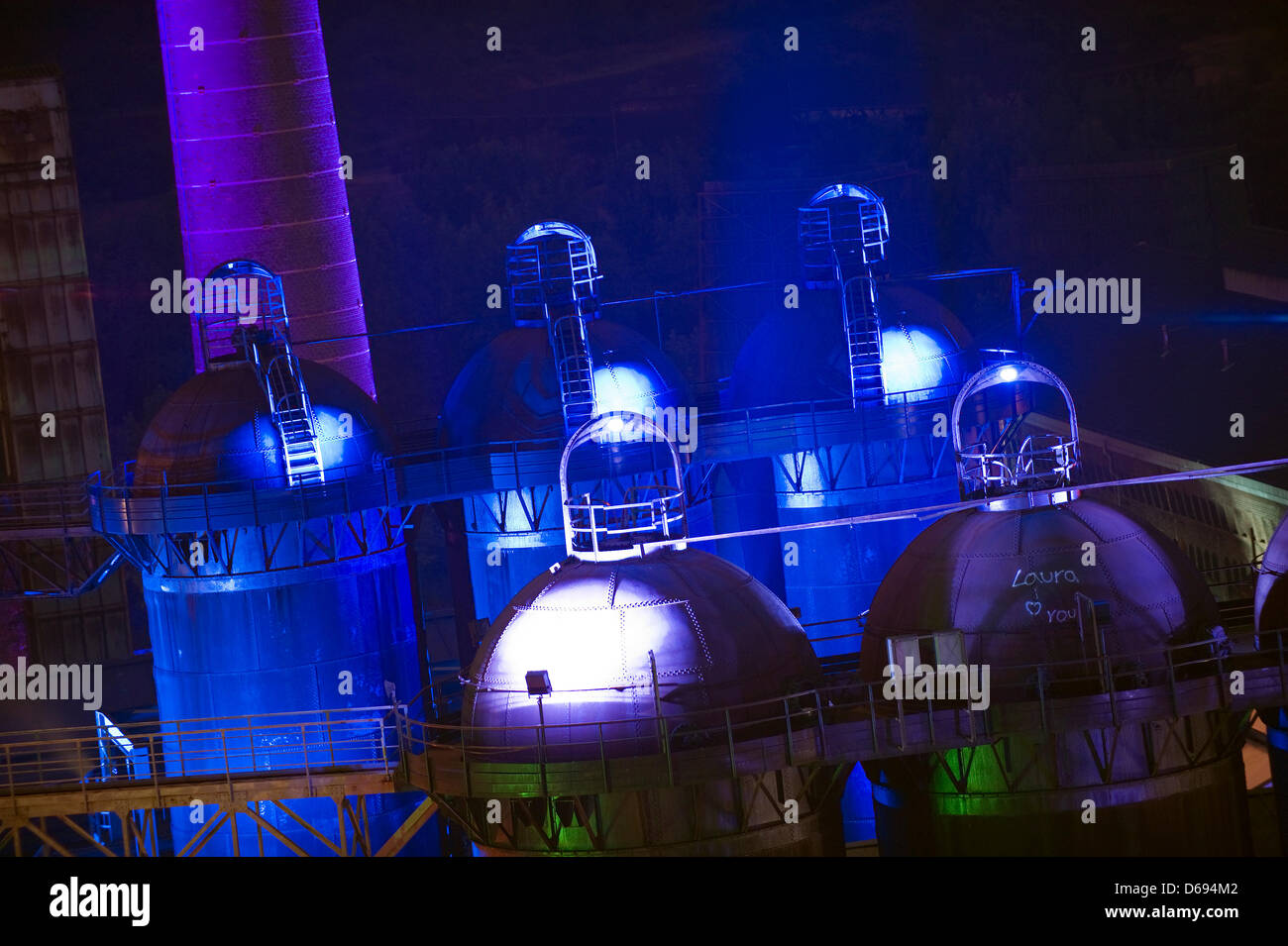 LED lights illuminate facilitities of former smelting works Duiseburg Meiderich in Landschaftspark Nord in Duisburg, Germany, 28 July 2012. Since December 1996, a light installation of British artist Jonathan Park illuminates the site in bright colours after dark. Photo: Jonas Guettler Stock Photo