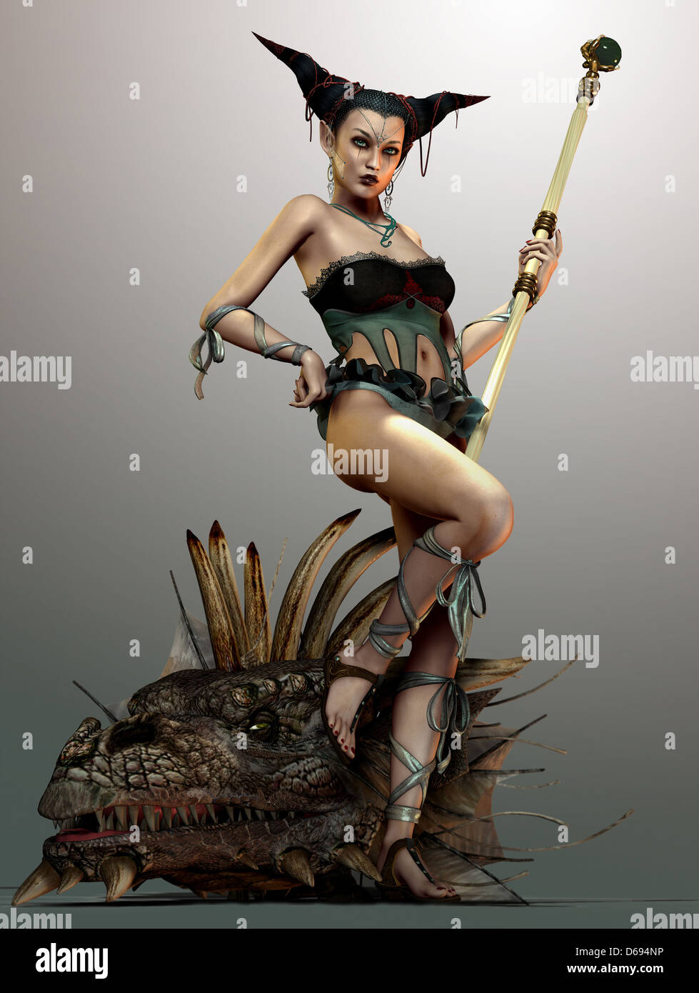 an illustration of a lady with staff and dragon head Stock Photo