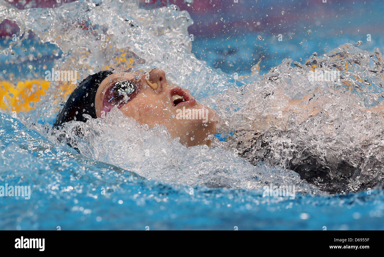 US swimmer Missy Franklin competes during the women's 100m backstroke semifinal in the Aquatics Centre at the London 2012 Olympic Games, London, Great Britain, 29 July 2012. Photo: Michael Kappeler dpa  +++(c) dpa - Bildfunk+++ Stock Photo