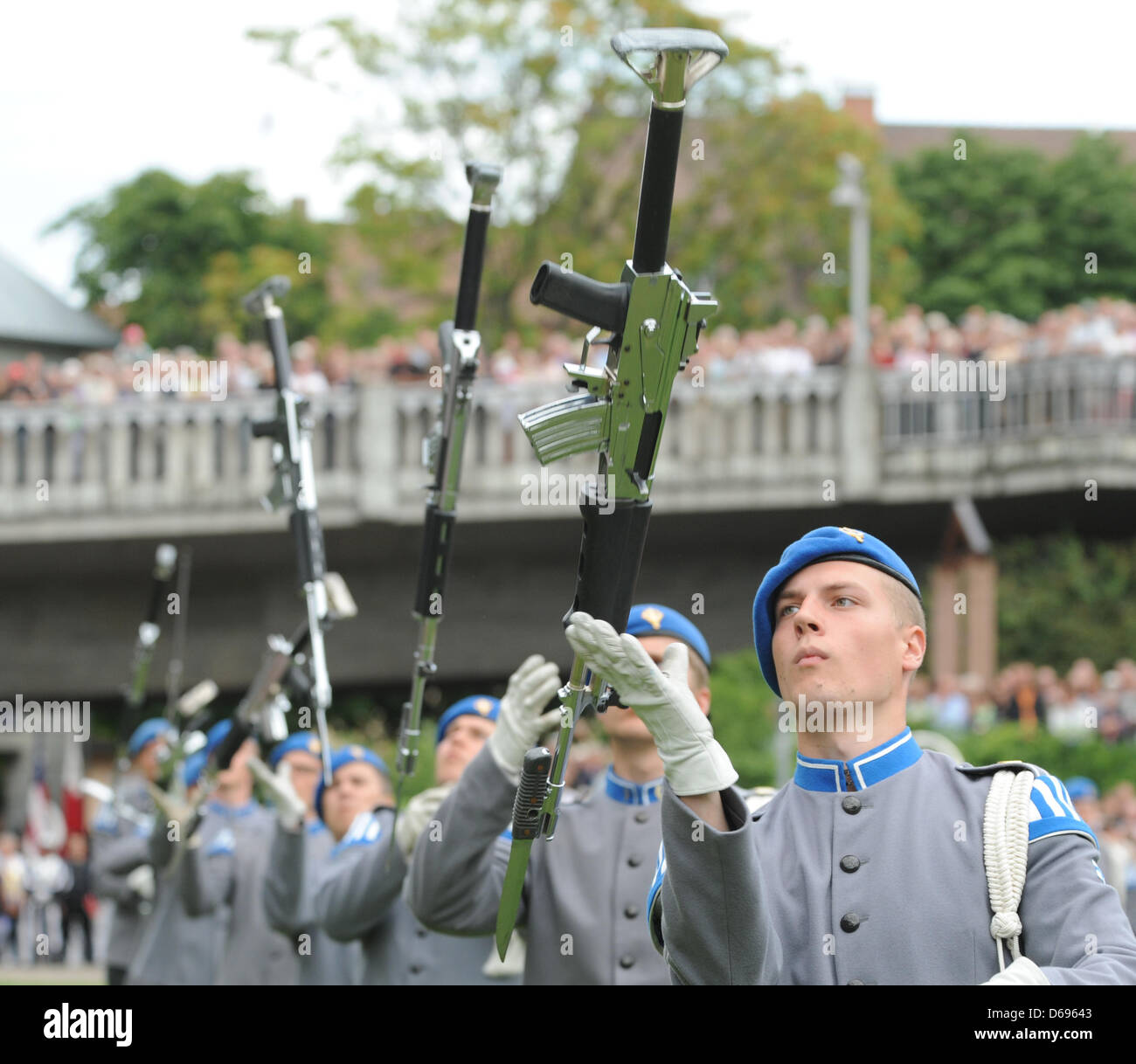 The band 'Conscript Band of the Finnish Defence Forces' from Finland plays during the Basel-based military music festival 'Basel Tattoo's' visit to  Freiburg, Germany, 16 July 2012. 300 musicians from 4 continents participate in a parade. The festival runs from 13 to 21 July in Basel. Photo: PATRICK SEEGER Stock Photo