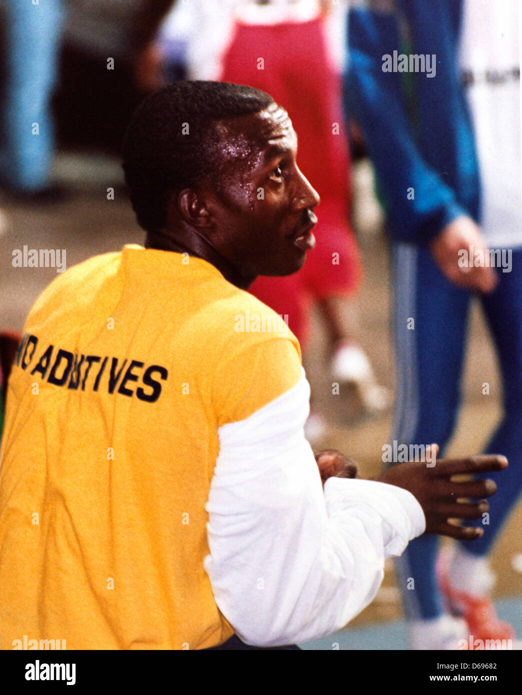 Linford Christie wearing a 'no additives' vest Stock Photo