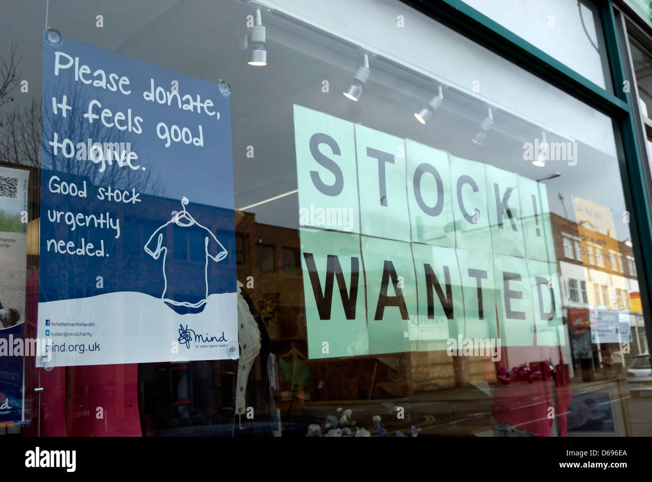 please donate and stock wanted posters in a mind charity shop, east twickenham, middlesex, england Stock Photo