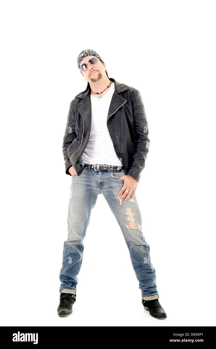 A macho motorcycle rider wearing his leather jacket Stock Photo