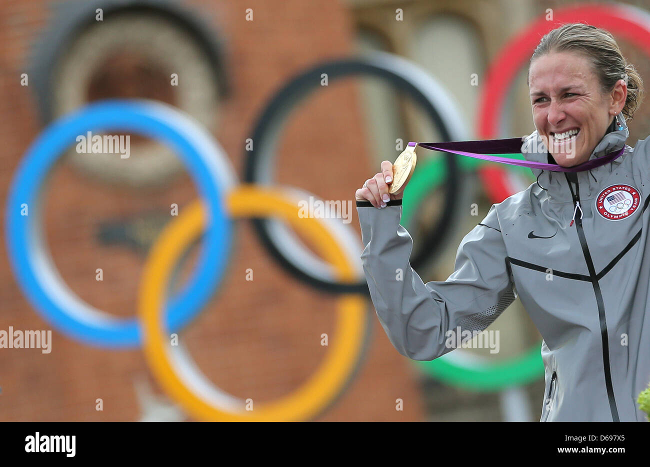 Gold medalist Kristin Armstrong of the USA celebrates on the podium