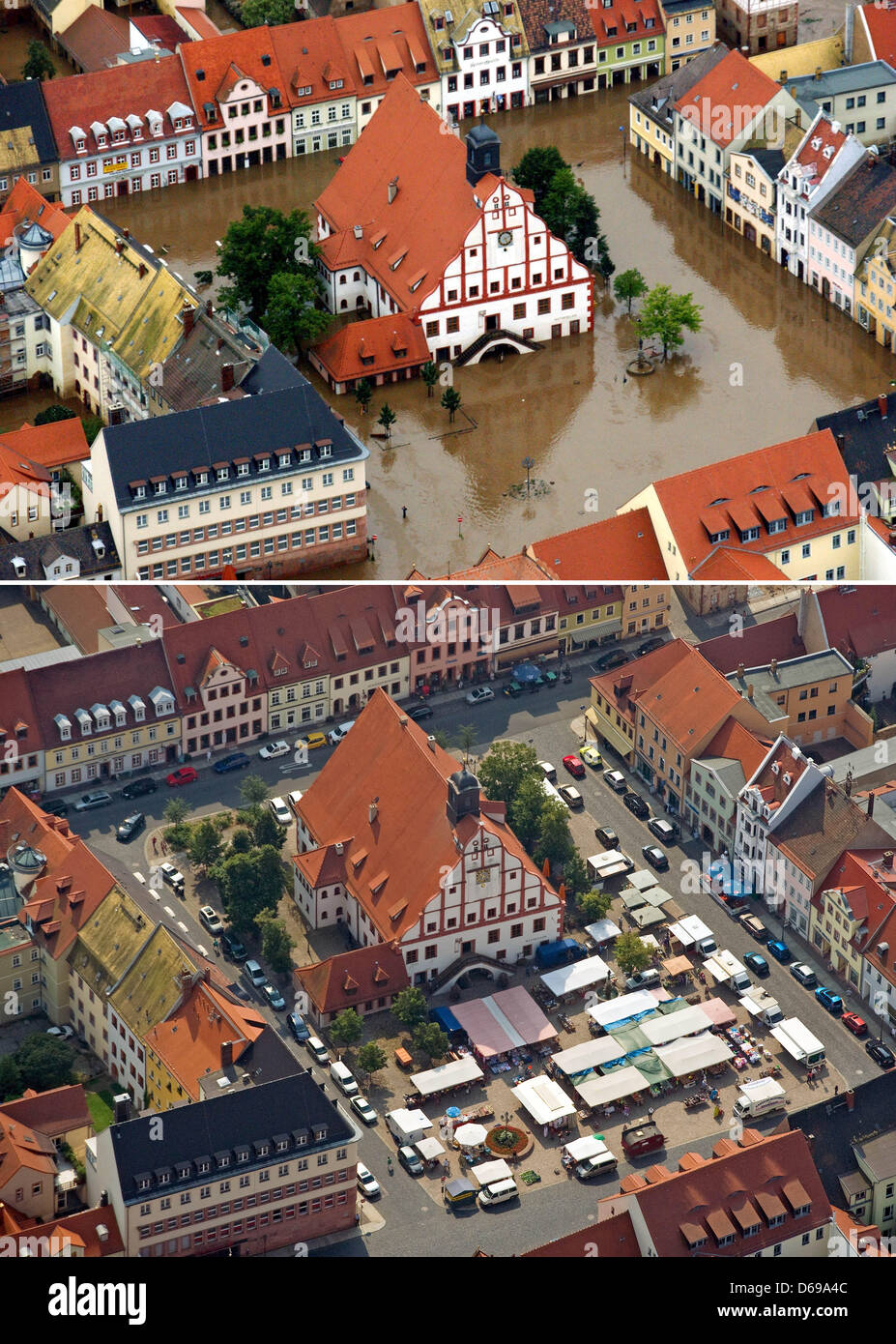 (file)- A dpa file combo picture shows the small town of Grimma, Germany on 14 August 2002, flooded by the waters of the Mulde river (top; Photo: Jan-Peter Kasper) and on 26 July 2012 with the market outside the city hall. Ten years after the 'flood of the century' almost no visible marks remain of the catastrophe of August 2002. Photo: Hendrik Schmidt Stock Photo