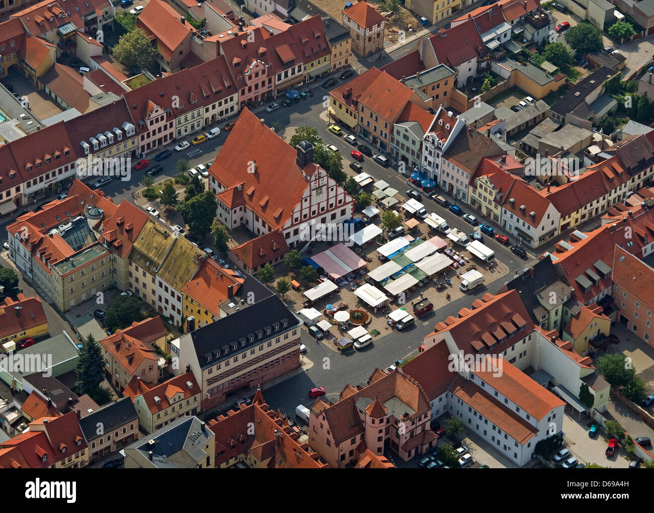 Aerial view of the market outside city hall in Grimma, Germany, 26 July 2012. Ten years after the 'flood of the century' almost no visible marks remain of the catastrophe of August 2002. Photo: Hendrik Schmidt Stock Photo