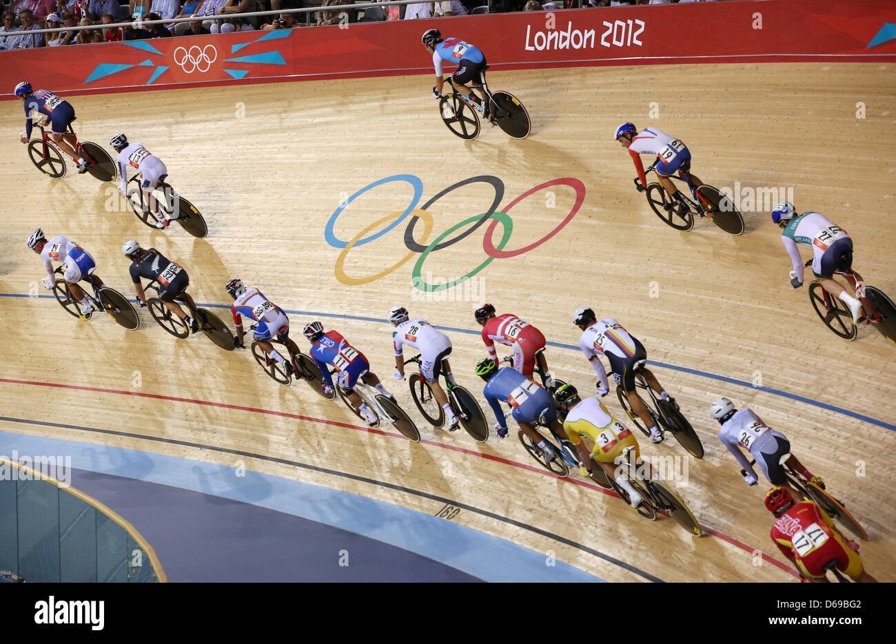 Riders compete in the Men's Omnium Elimination Race as part of the cycling event at the