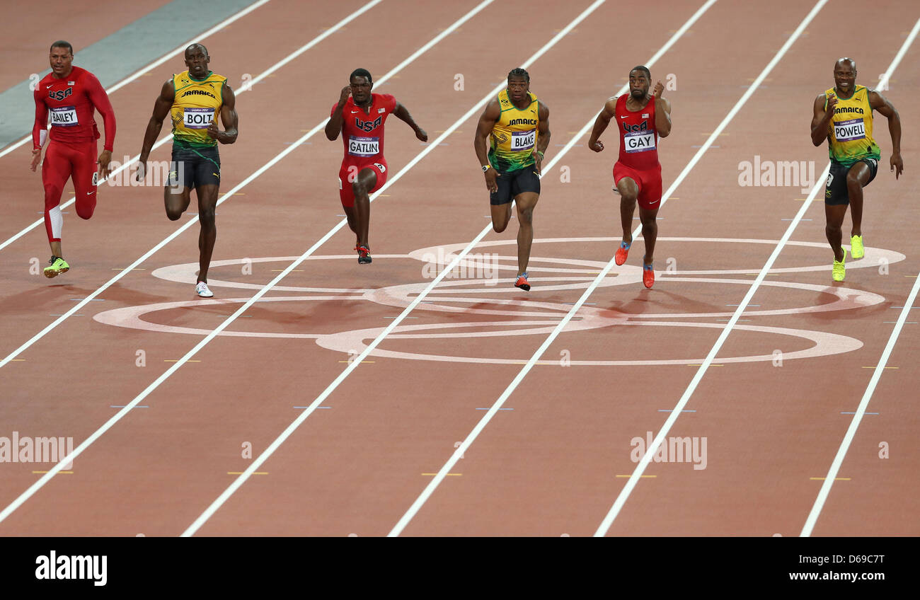 Jamaica's Usain Bolt (2-L), Justin Gatlin (3-L) of USA and Yohan Blake ...