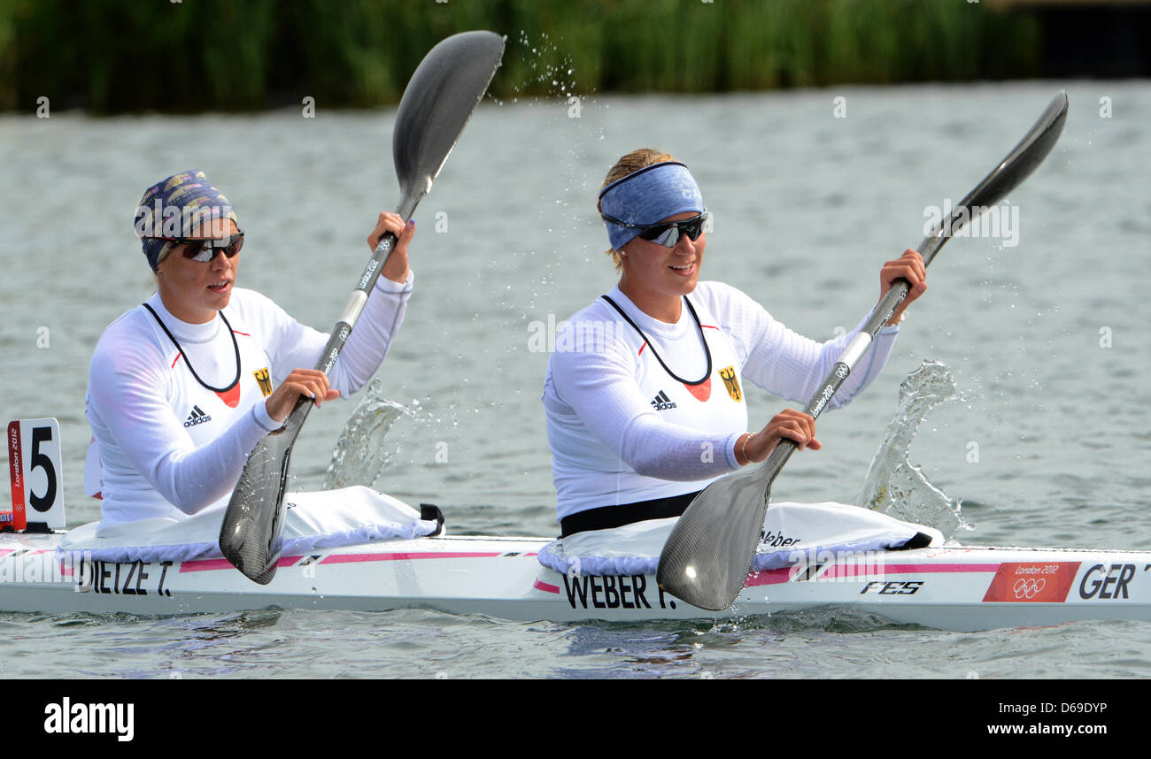 Franziska er (R) and Tina Dietze of Germany compete after the Women's Kayak Double (K2) 500m