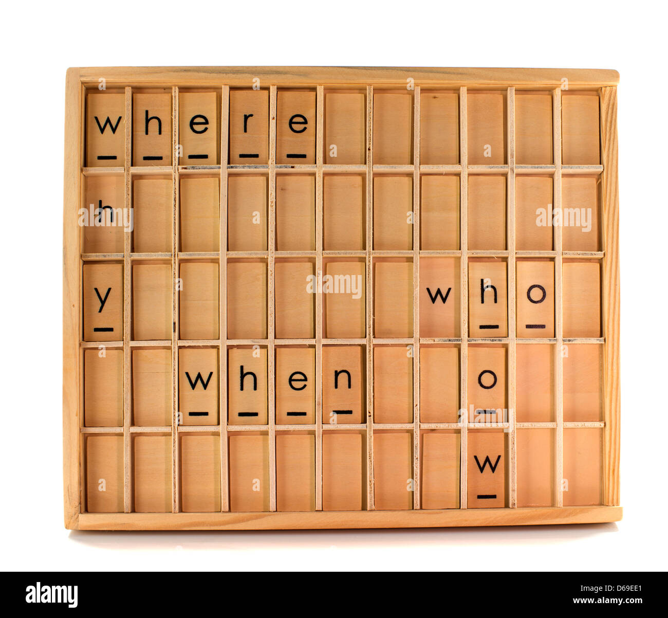 Wooden education board with where when why how and who stock photo alamy