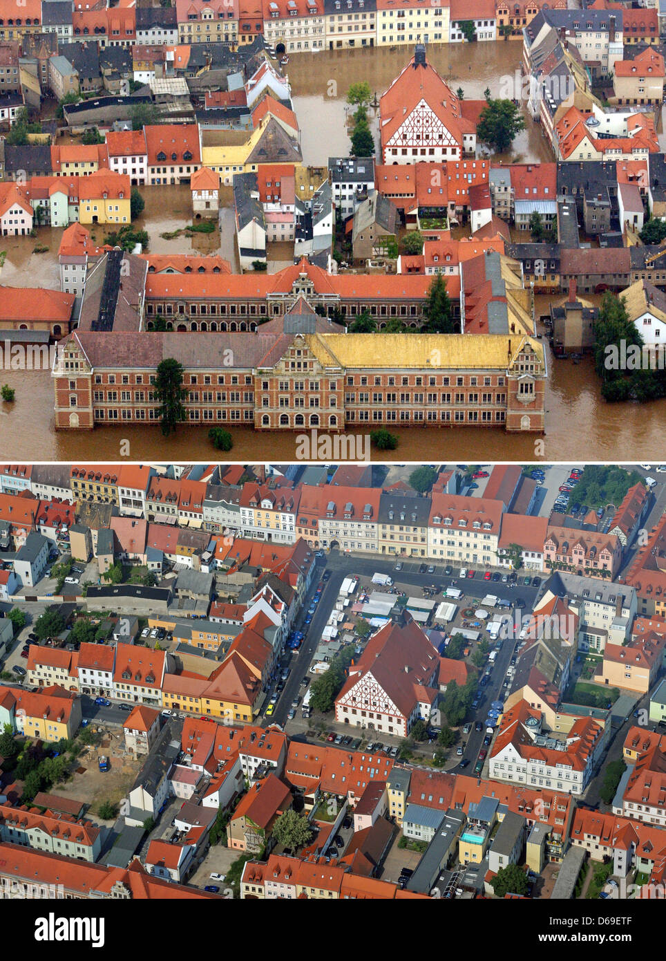 COMBINATION PICTURE - A combination picture shows the city of Grimma which has been flooded by the river Mulde on 14 August 2002 (TOP) and an aerial view of the city hall in Grimma, Germany, 26 July 2012. Grimma was one of the cities most affected by the flood desaster in 2002. Ten years after the flood Grimma is a flourishing town again. Photo: Kasper;Schmidt Stock Photo